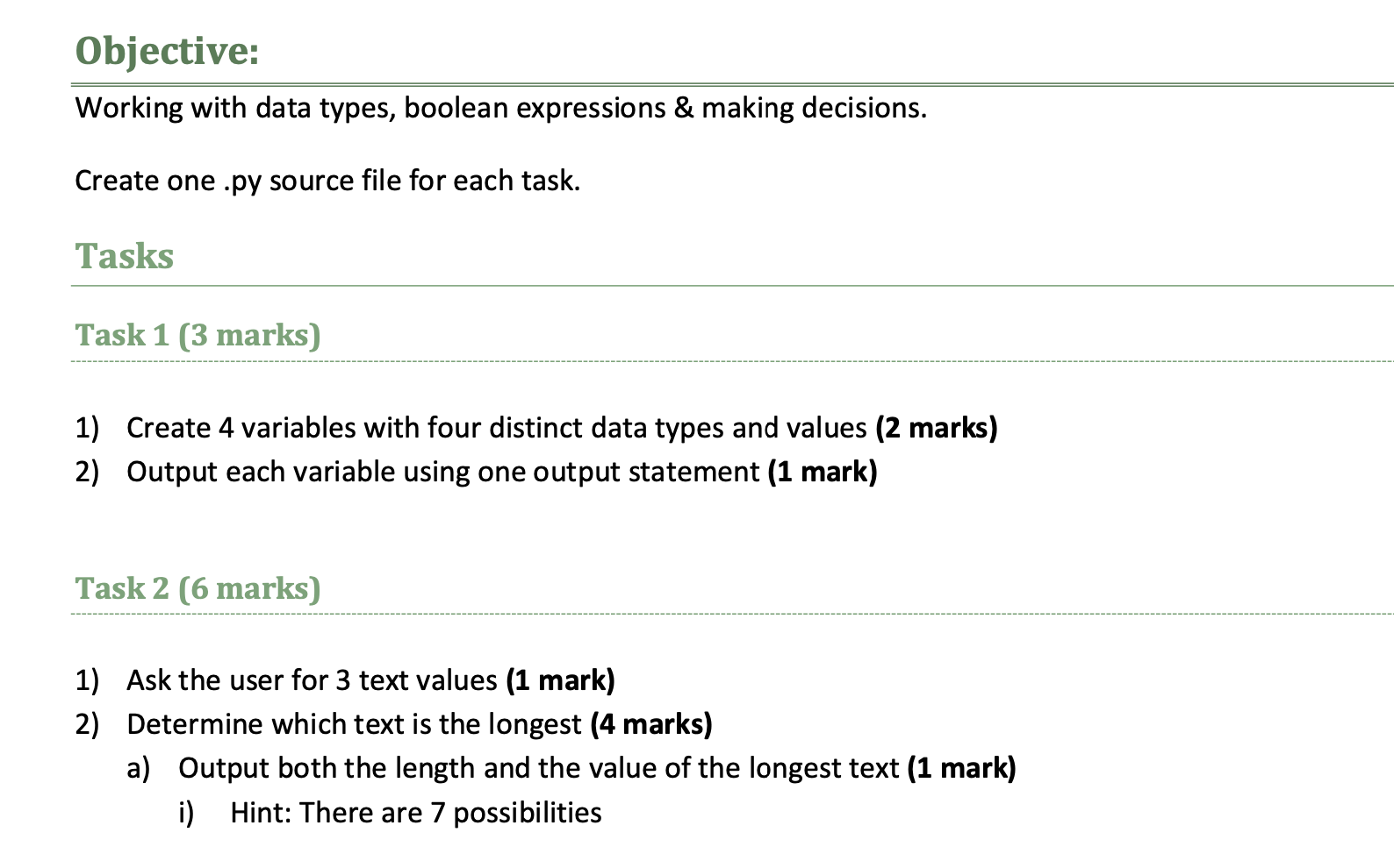 1) Create 4 variables with four distinct data types and values