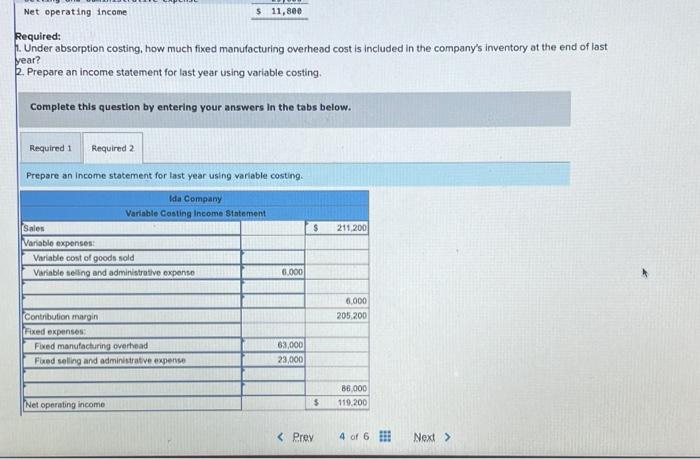 Net Operating Income [LO7-2] Ida Company produces a handerafted musical instrument called
