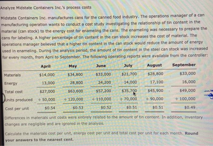  June Analyze Midstate Containers Inc.'s process costs Midstate Containers Inc, manufactures