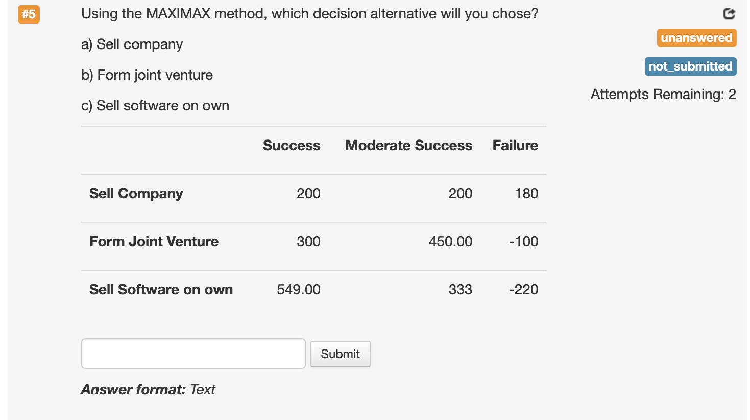 unanswered a) Sell company not_submitted b) Form joint venture Attempts Remaining: 2