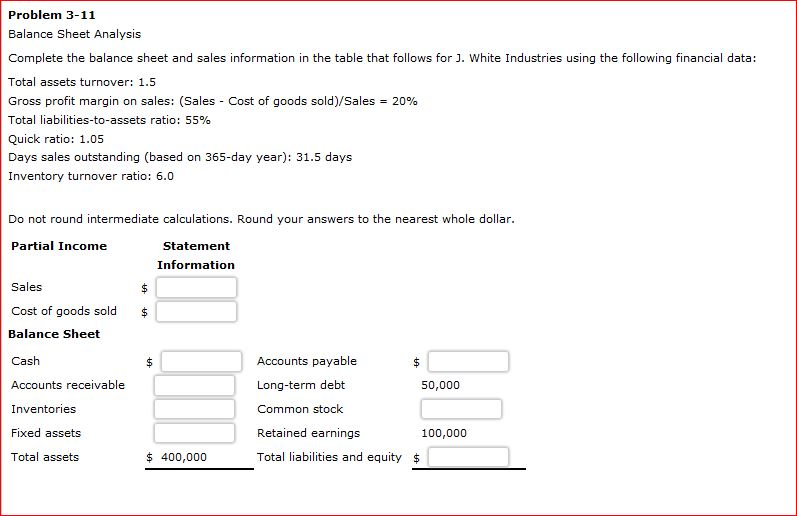 Problem 3-11 Balance Sheet Analysis Complete the balance sheet and sales