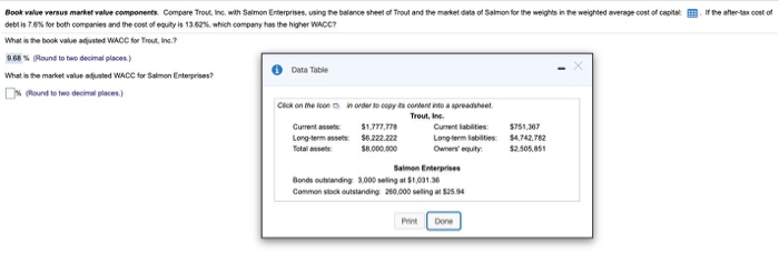  Book value versus market value components Compare Trout Inc. with Salmon