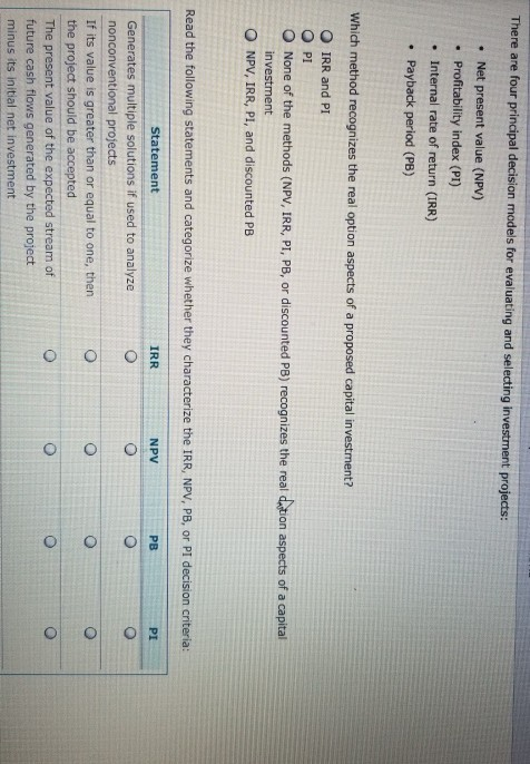  There are four principal decision models for evaluating and selecting investment
