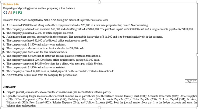 Problem 2-4A Preparing and posting journal entries, preparing a trial balance