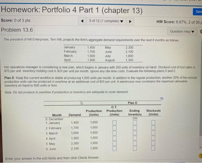  Homework: Portfolio 4 Part 1 (chapter 13) Save Score: 0 of