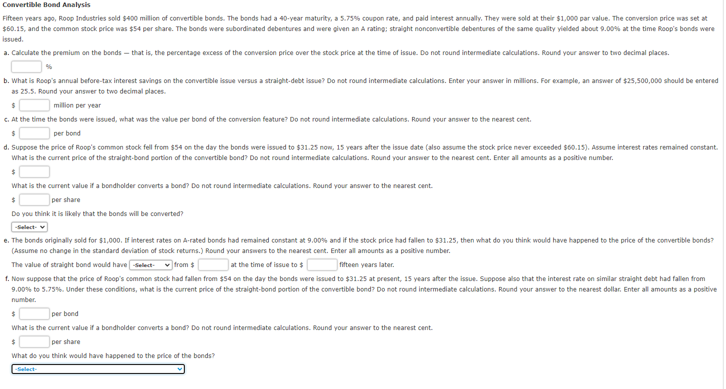  Convertible Bond Analysis issued. % as 25.5. Round your answer to