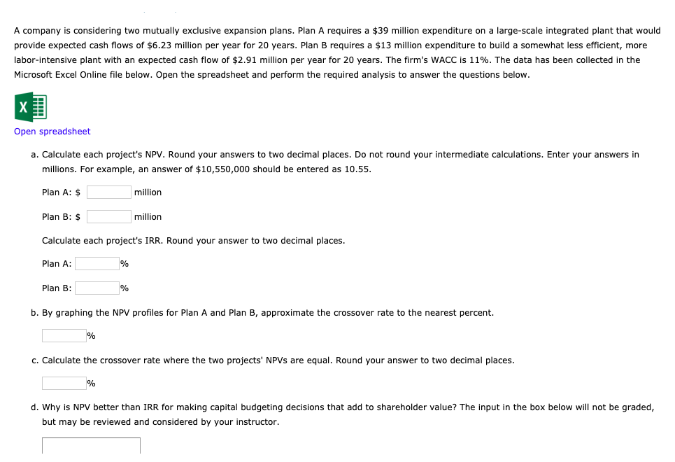 A company is considering two mutually exclusive expansion plans. Plan A