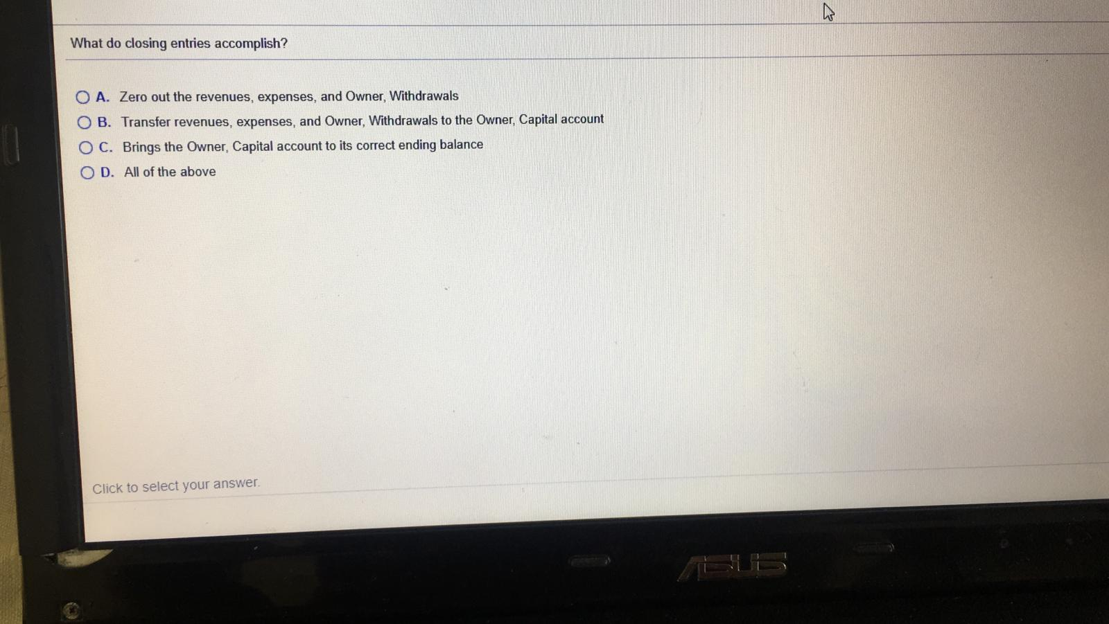 What do closing entries accomplish? O A. Zero out the revenues,