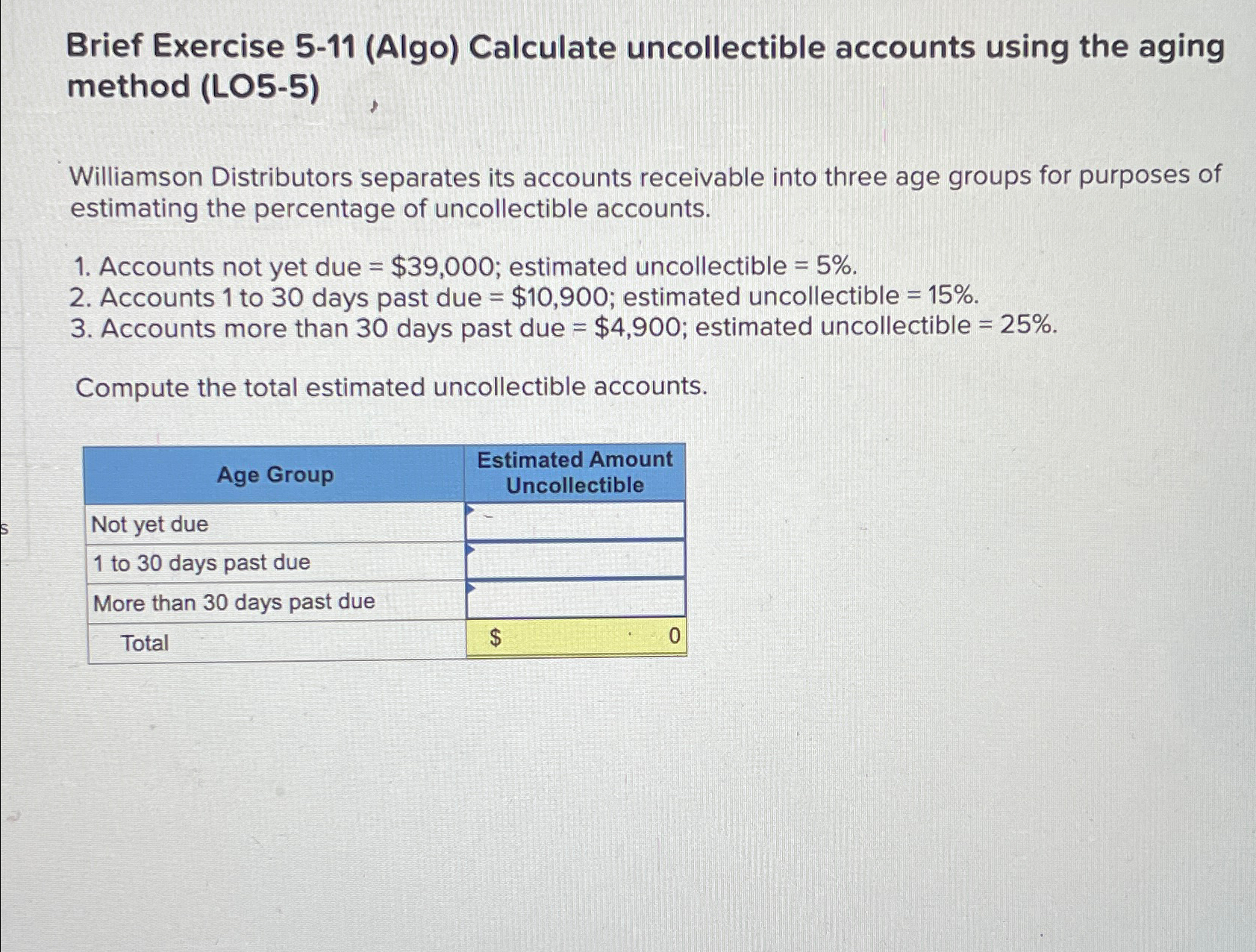  Brief Exercise 5-11(Algo) Calculate uncollectible accounts using the aging method (LO5-5)