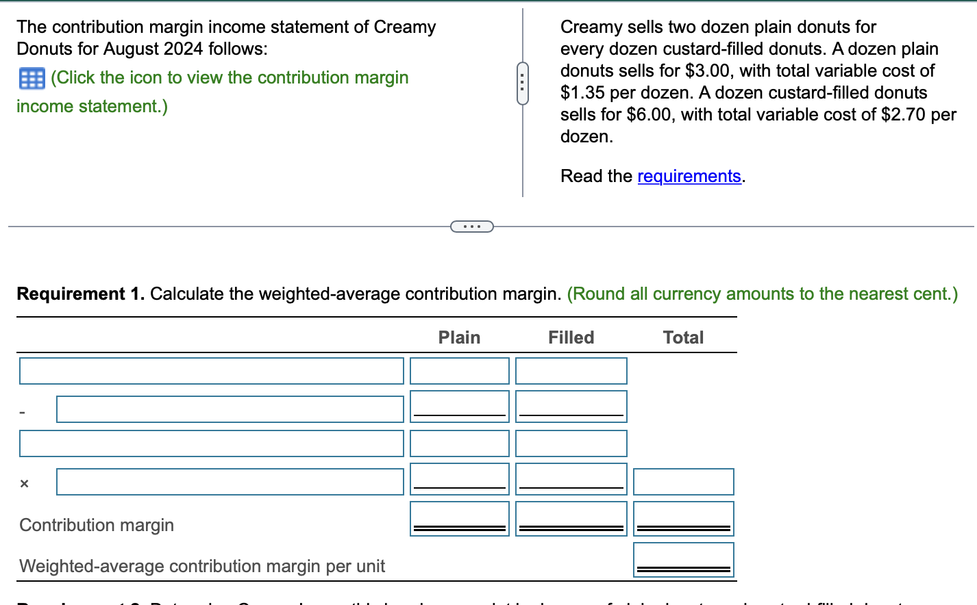 the breakeven level of sales. Show only two categories of costs: variable
