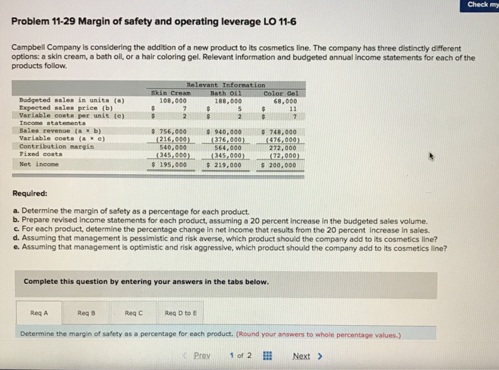 Check my Problem 11-29 Margin of safety and operating leverage LO