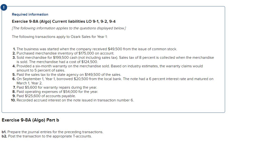Required information Exercise 9-8A (Algo) Current liabilities LO 9-1, 9-2, 9-4