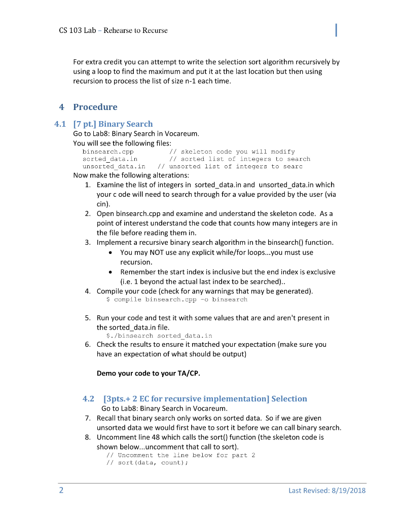 Recursive Linear Search and Binary Search CS 103 Lab - Rehearse to