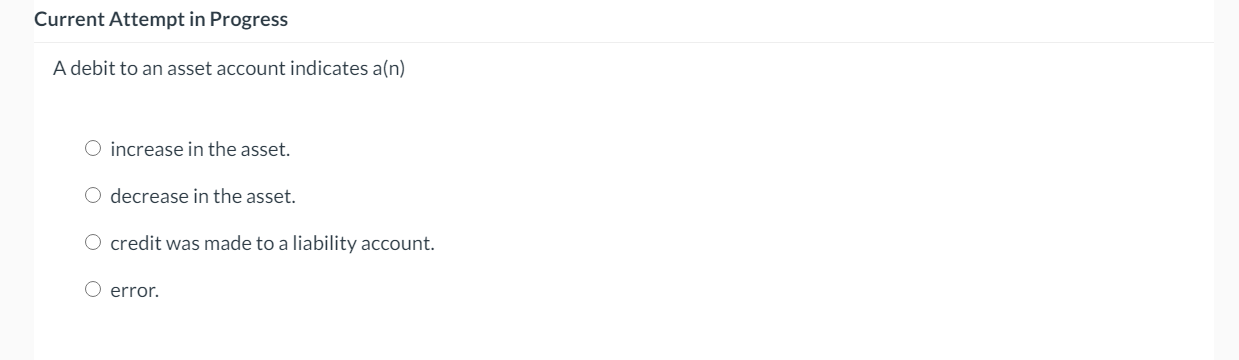  Current Attempt in Progress A debit to an asset account indicates