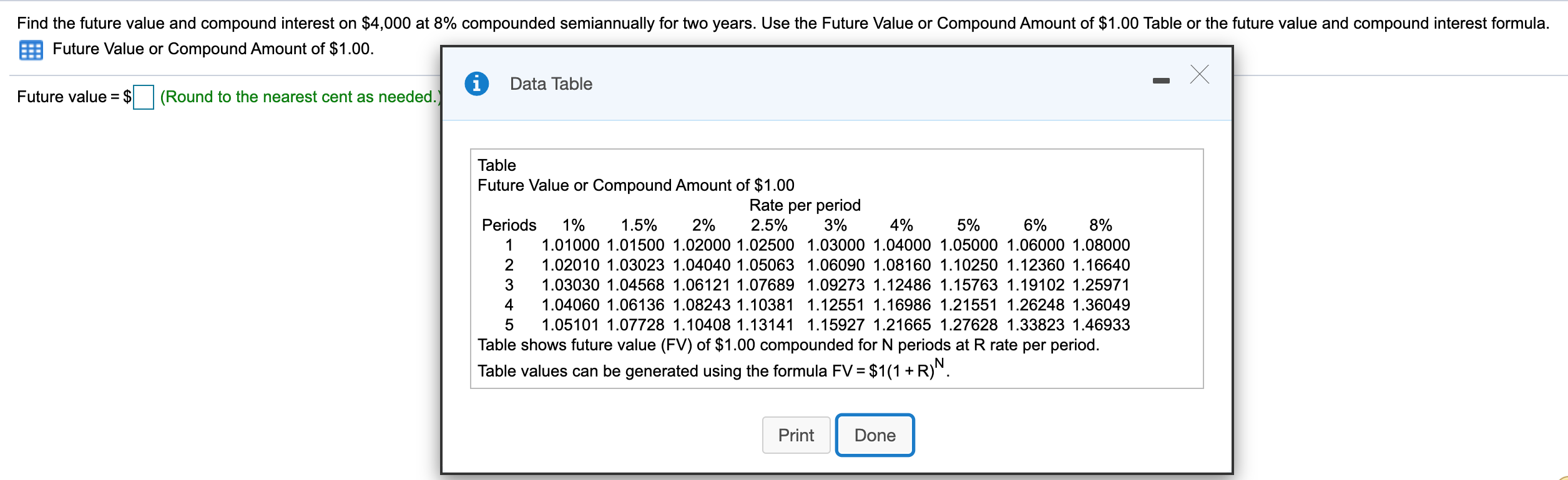 Find the future value and compound interest on $4,000 at 8%