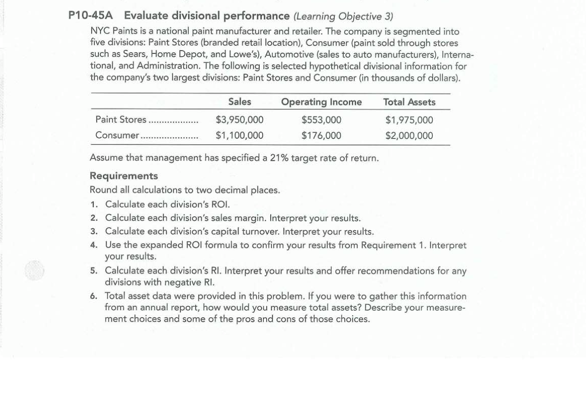  P10-45A Evaluate divisional performance (Learning Objective 3) NYC Paints is a