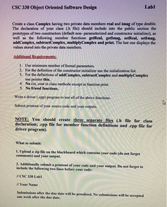  CSC 330 Object Oriented Software Design Labl Create a class Complex
