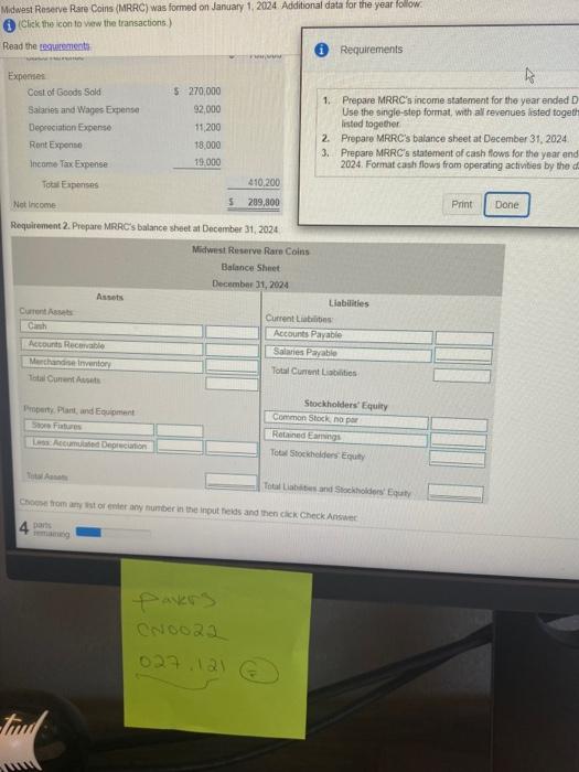 Requirements - w 1. Prepare MRRC's income statement for the year ended