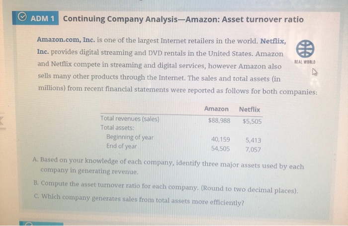  Continuing Company Analysis-Amazon: Asset turnover ratio ADM 1 Amazon.com, Inc. is