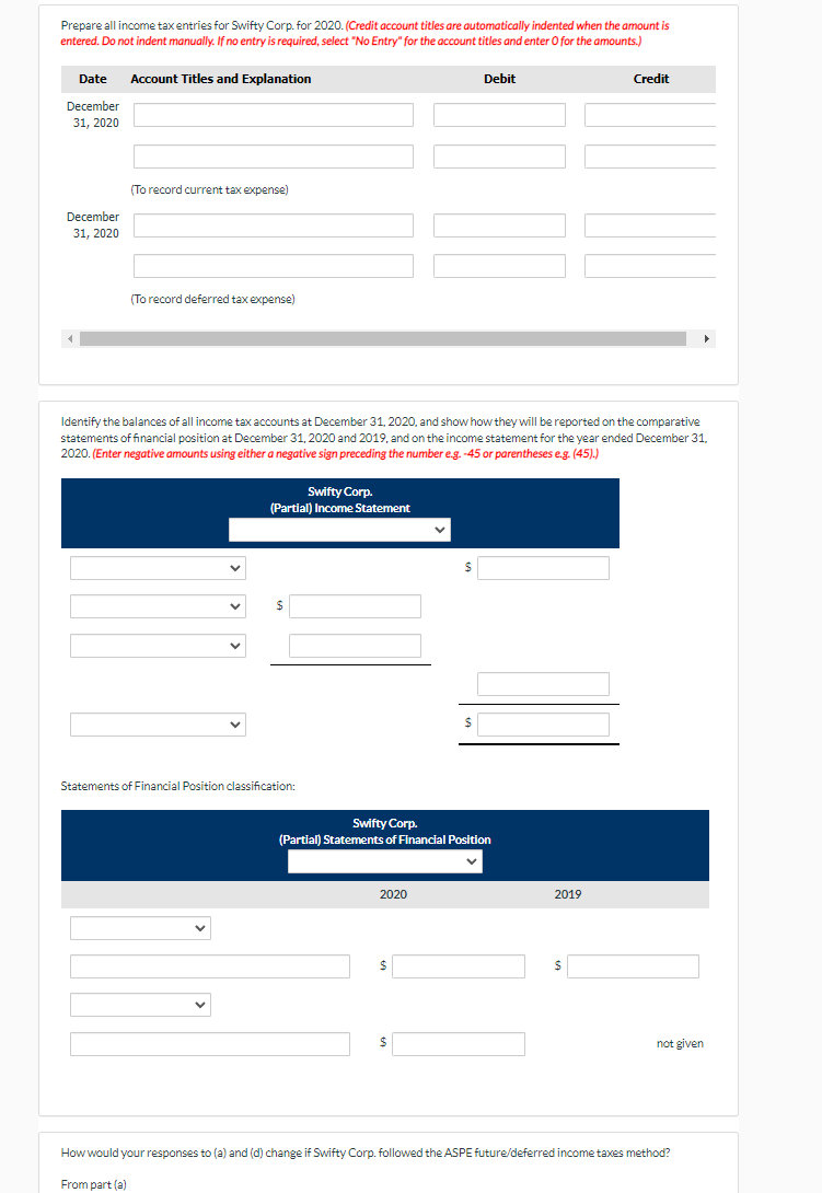 format Swifty Corp. reported the following differences between SFP carrying amounts and