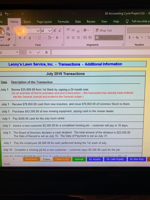  10-Accounting Cycle Project 12e - 1 ile Home Insert Page Layout