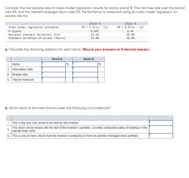  Consider the two (excess return) index-model regression results for stocks A