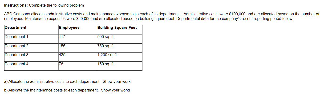  Instructions: Complete the following problem ABC Company allocates administrative costs and