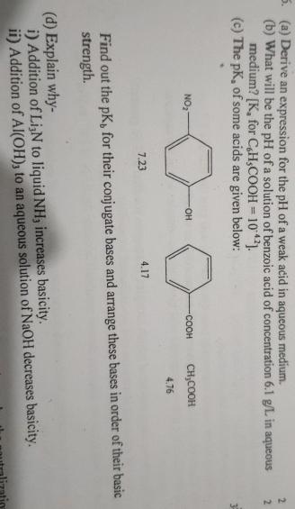  (a) Derive an expression for the pH of a weak acid