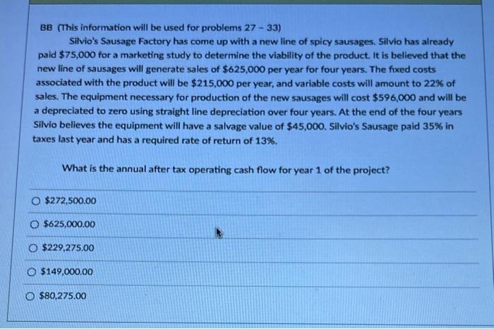  BB (This information will be used for problems 27 - 33)