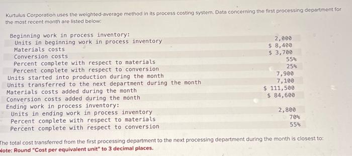  Kurtulus Corporation uses the weighted-average method in its process costing system.