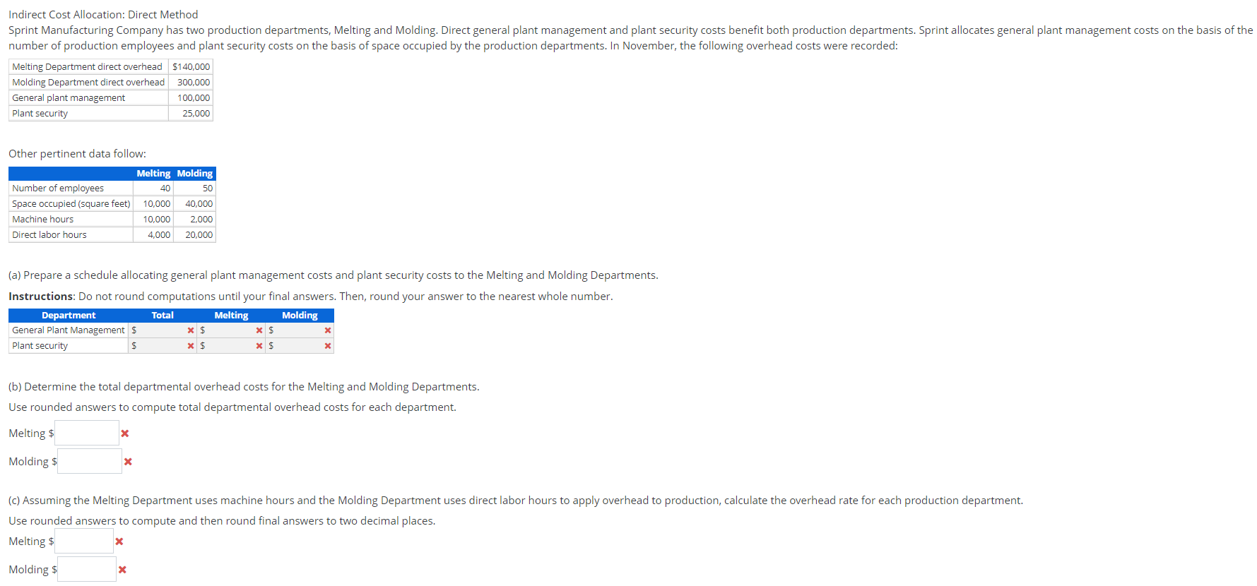 Please show steps to solve. Indirect Cost Allocation: Direct Method Sprint Manufacturing