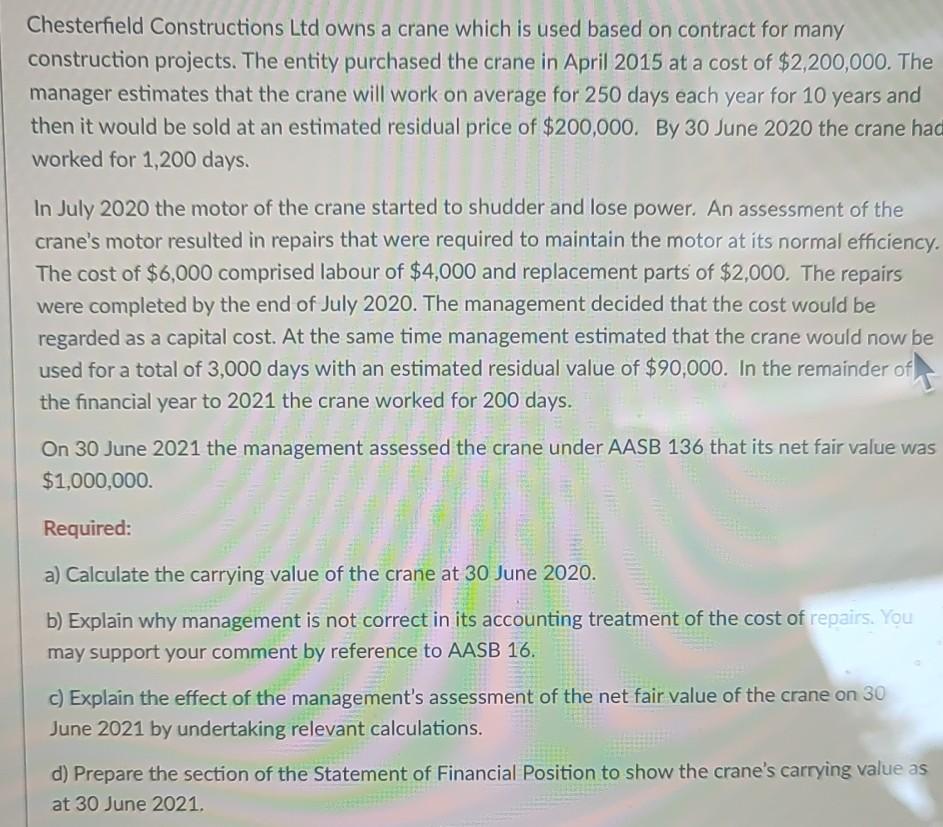 Chesterfield Constructions Ltd owns a crane which is used based on