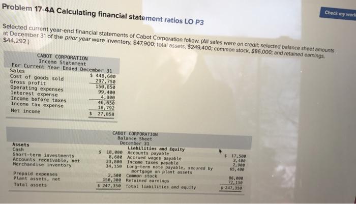  Problem 17-4A Calculating financial statement ratios LO P3 Check my work