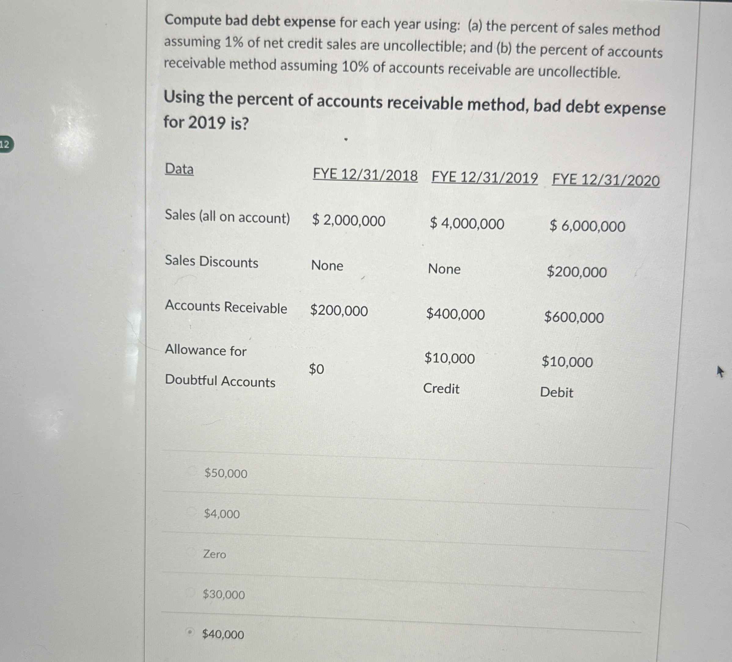  Compute bad debt expense for each year using: (a) the percent