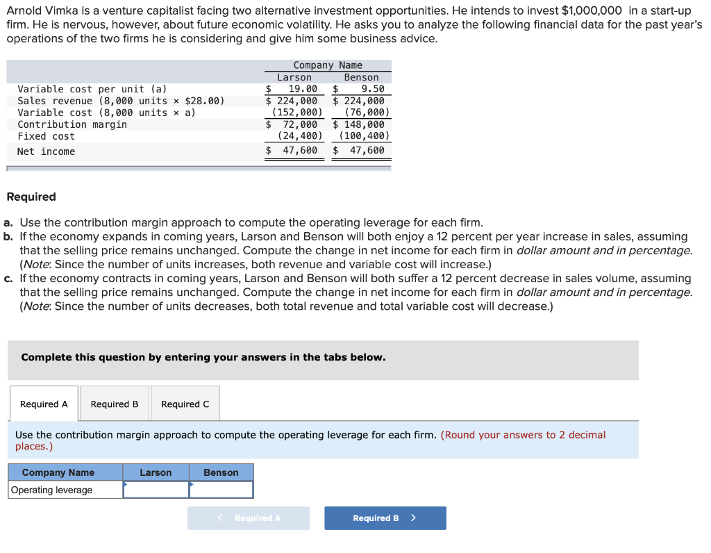 Arnold Vimka is a venture capitalist facing two alternative investment opportunities.