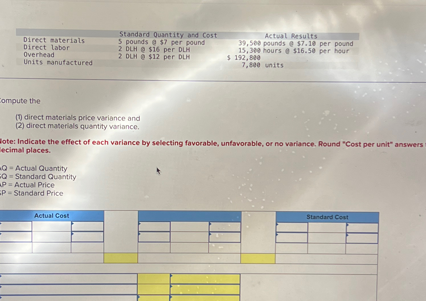  \table[[,Standard Quantity and Cost,Actual Results],[Direct materials,5 pounds @ $7 per pound,39,500