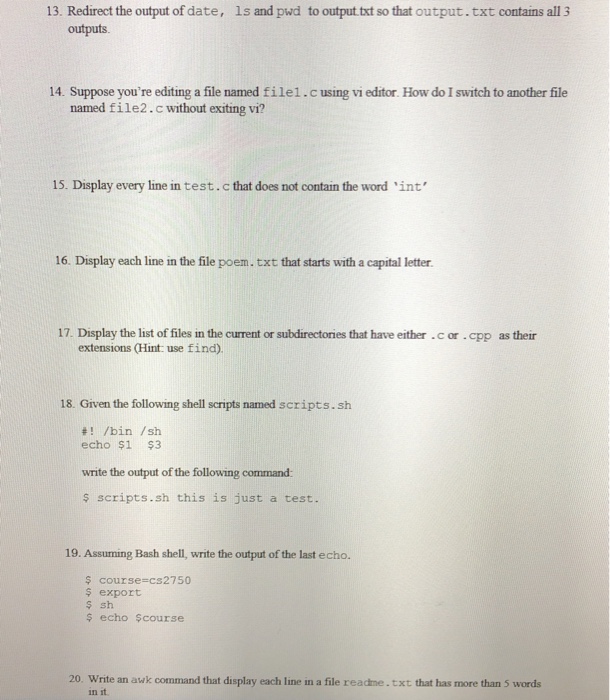  Linux/Grep/sed/awk/ bash script 13. Redirect the output of date, ls and