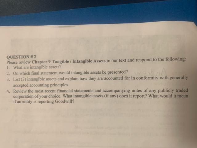 QUESTION \# 2 Please review Chapter 9 Tangible / Intangible Assets