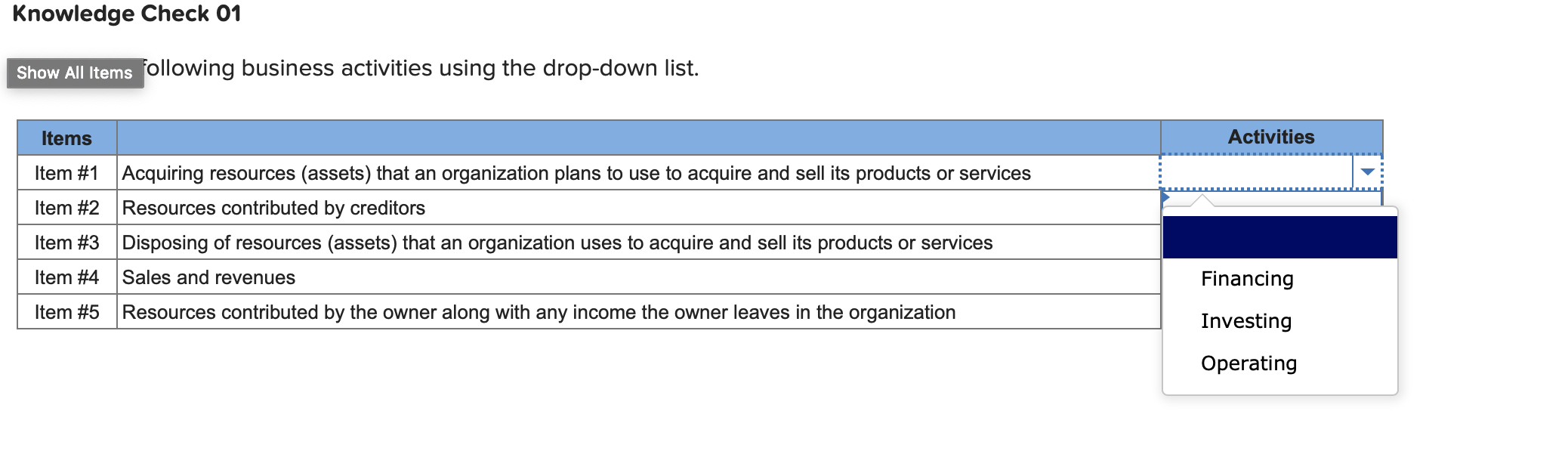 Classify the following business activities using the drop-down list. Knowledge Check 01