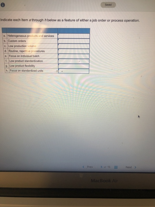  Saved Indicate each item a through h below as a feature