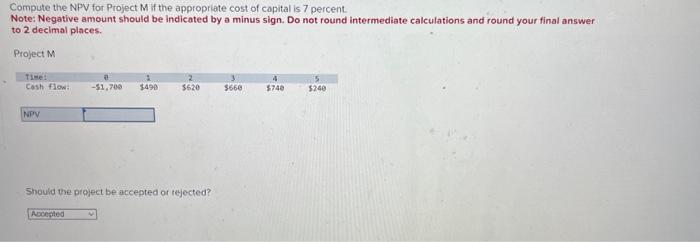  Compute the NPV for Project M if the appropriate cost of