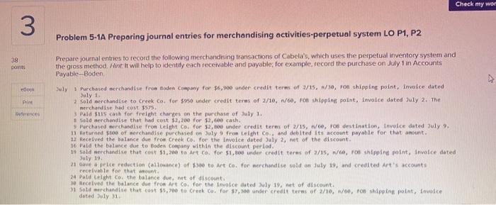  Check my wor 3 Problem 5-1A Preparing journal entries for merchandising
