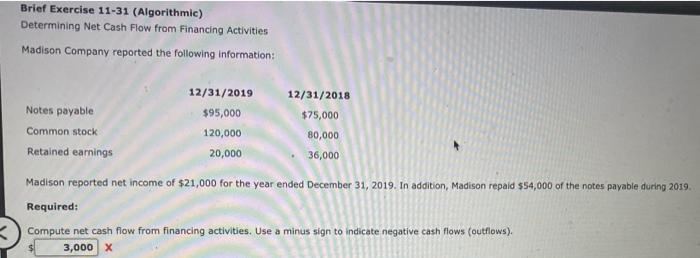  Brief Exercise 11-31 (Algorithmic) Determining Net Cash Flow from Financing Activities