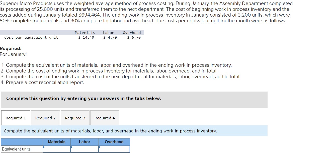  Superior Micro Products uses the weighted-average method of process costing. During