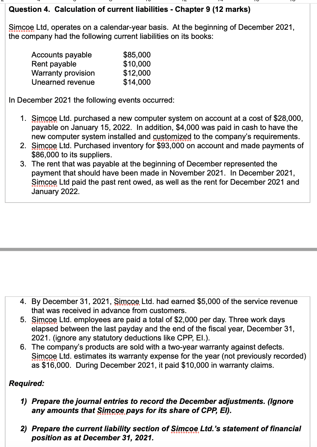  Question 4. Calculation of current liabilities - Chapter 9 (12 marks)