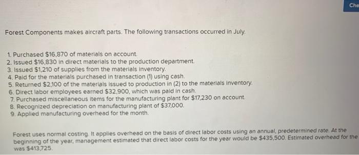  please answer section B only Che Forest Components makes aircraft parts.