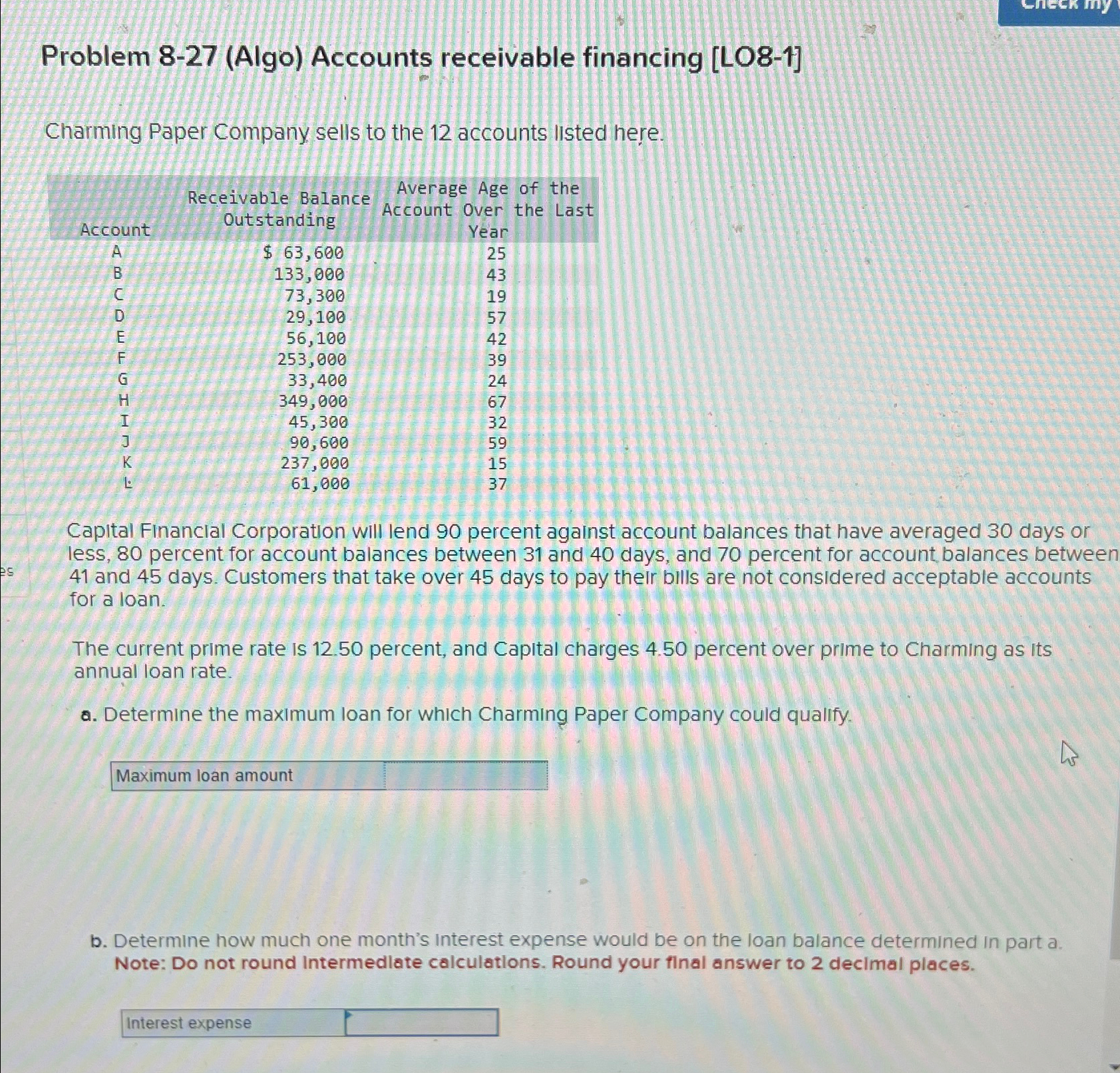  Problem 8-27(Algo) Accounts receivable financing [LO8-1] Charming Paper Company sells to