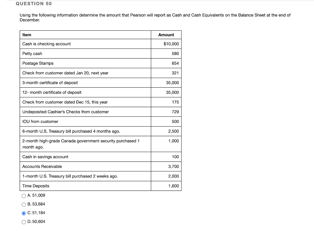  QUESTION 50 Using the following information determine the amount that Pearson