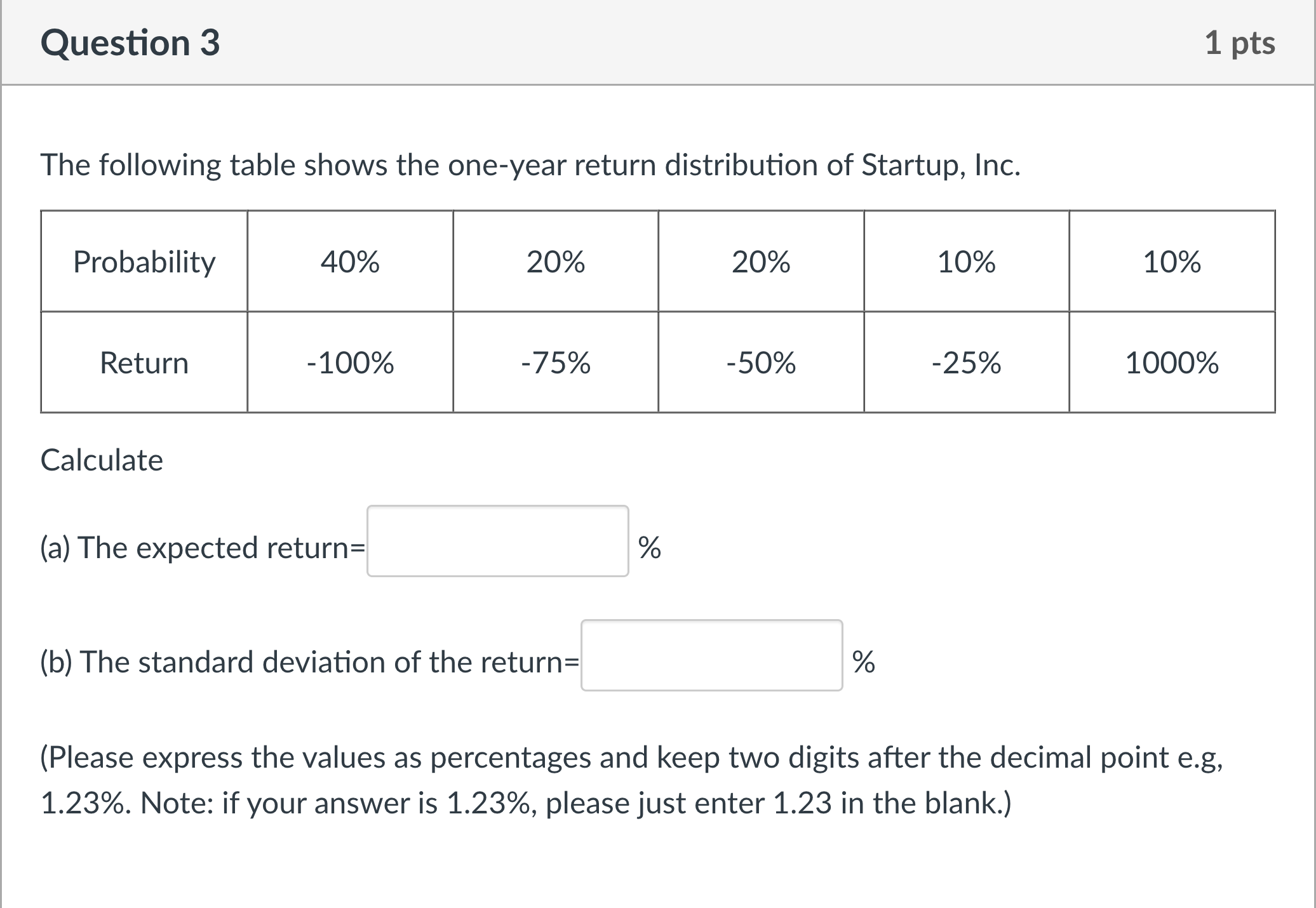  Question 3 The following table shows the one-year return distribution of
