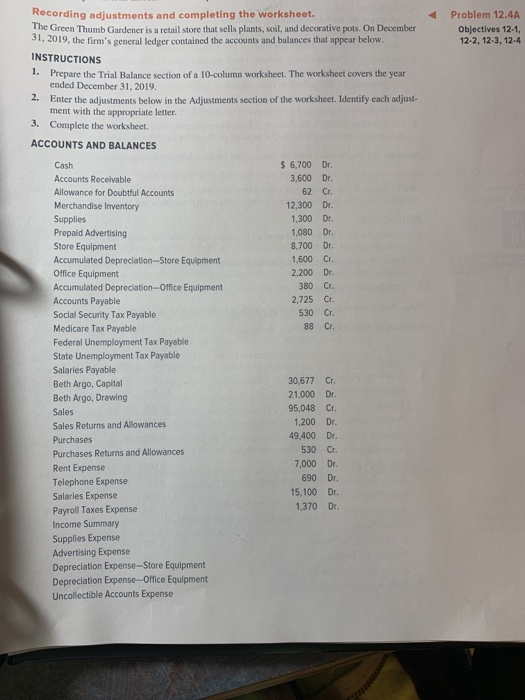  Problem 12.4A Objectives 12-1, 12-2, 12-3, 12-4 Recording adjustments and completing